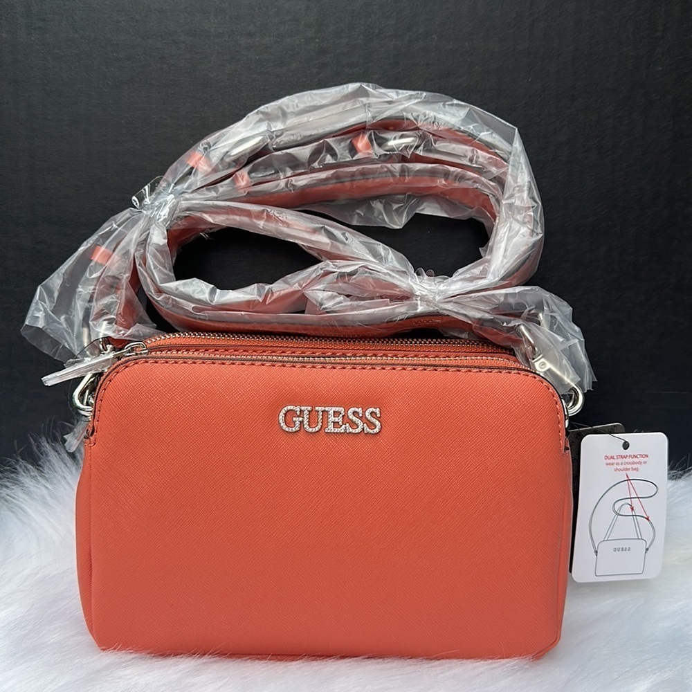 New GUESS NEW CASTLE TOP ZIP CROSSBODY Orange, women's bag